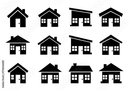 A collection of simple black house icons. A diverse set of residential building silhouettes for real estate, property, and web design
