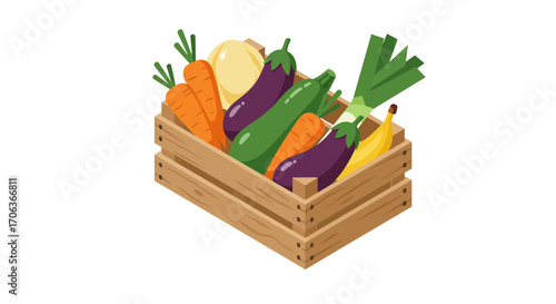 Fresh harvest in wooden crate: colorful vegetables and fruits in flat design