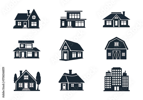 Real estate icon set featuring various architectural styles from suburban homes to city buildings and farm barns. Simple vector graphics