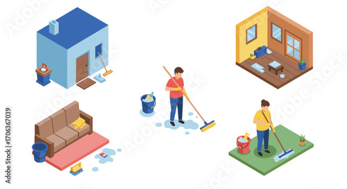 Isometric home cleaning: indoor and outdoor maintenance concepts