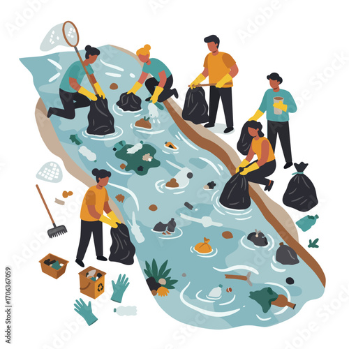 People cleaning trash from a river
