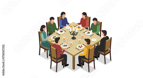 Isometric dining gathering: people sharing a meal around a square table