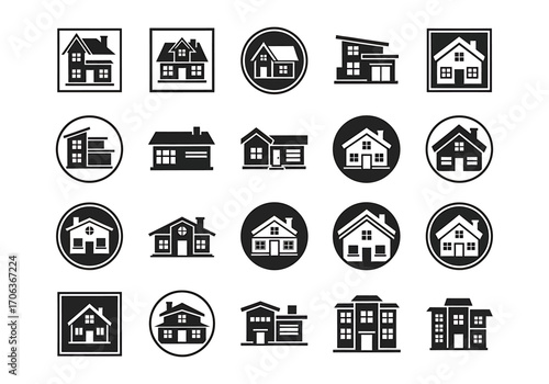 A diverse collection of monochrome house and building icons. Vector symbols representing residential properties, real estate, and architectural designs for web use