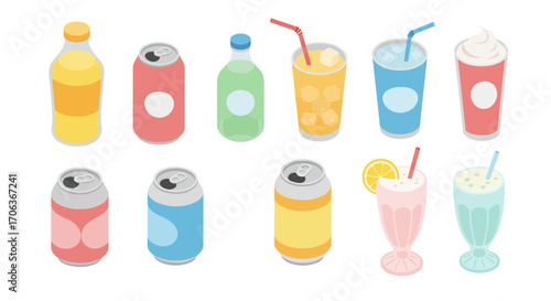 Refreshing drink selection: isometric icons of soda, juice, and milkshakes