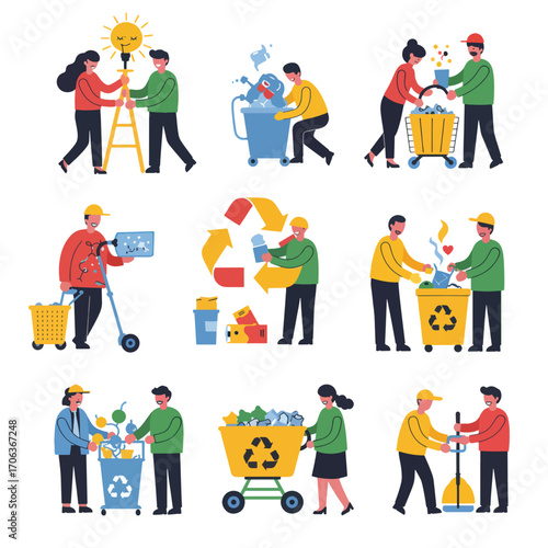 People recycling and using a broom to clean