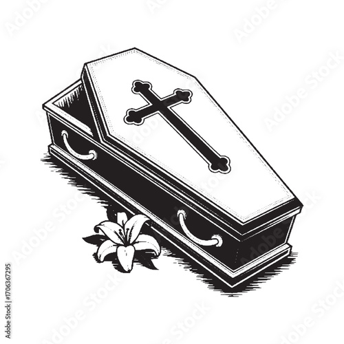Coffin with Cross and Flower Vector Illustration for Gothic and Halloween Design