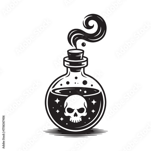 Poison Bottle Vector Illustration with Skull Symbol and Magic Smoke