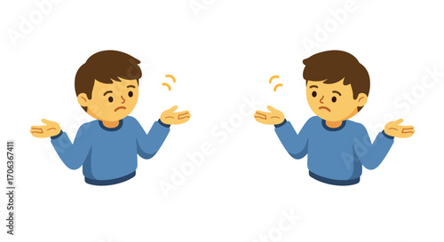 Confused cartoon characters shrugging in blue sweaters on white background
