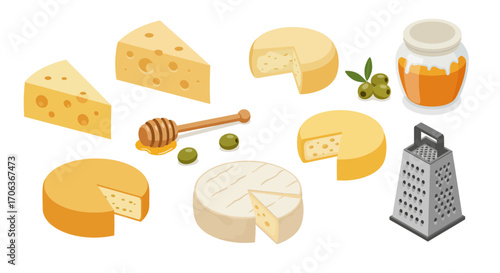 Variety of cheeses with honey, olives, and grater in isometric style
