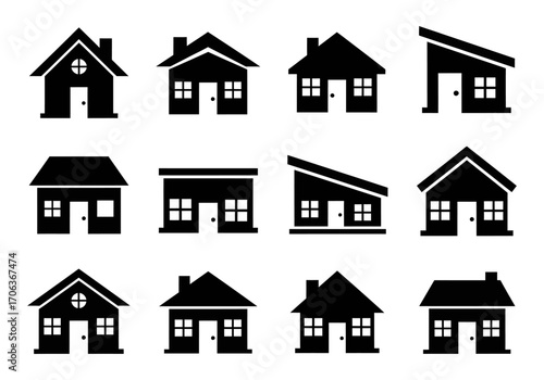 Simple black house icon set, a diverse collection of residential building silhouettes for real estate and web design concepts