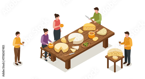 Isometric cheese tasting scene with people sampling varieties at a table