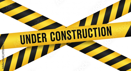 Yellow and black hazard tape with under construction sign isolated on transparent background