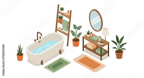 Cozy bathroom with isometric decor and indoor plants