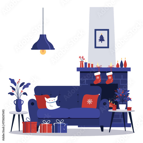 Cozy Christmas living room scene with a sofa and fireplace