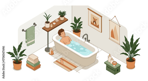 Relaxing bath scene in cozy modern bathroom with plants and artwork