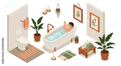 Cozy bathroom scene with relaxing bath and indoor plants in isometric design
