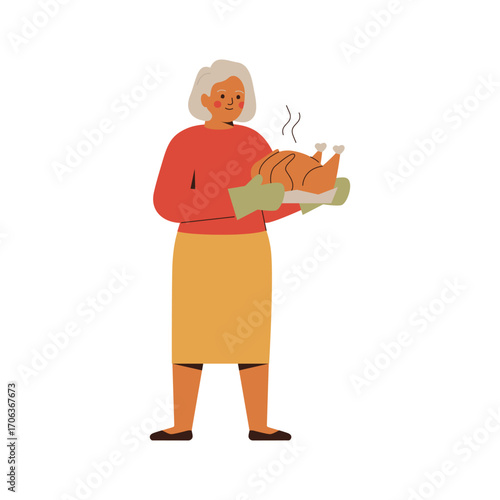 Senior woman holds baked turkey for thanksgiving day. Smiling grandmother prepared chicken to festive family dinner. Vector illustration