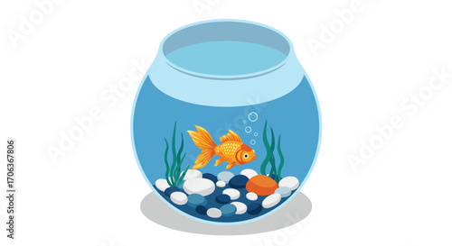 Isometric goldfish in aquarium with colorful pebbles and plants