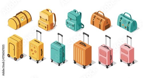 Isometric travel bags and suitcases collection in various colors and styles