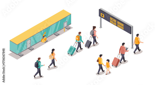 Isometric airport scene with travelers and luggage