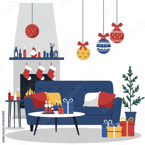 Cozy Christmas living room scene with a fireplace and sofa