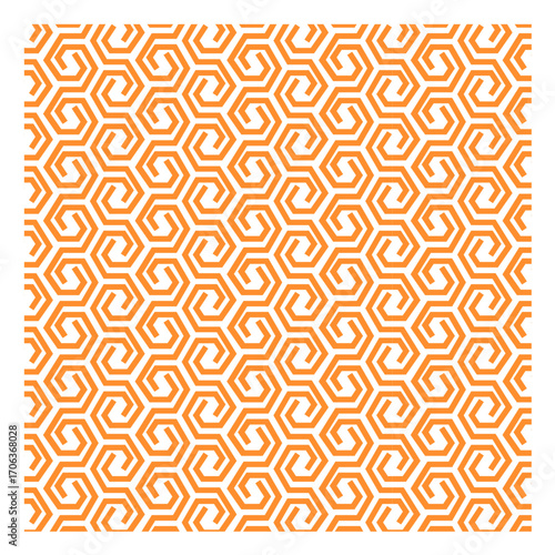 This image features a seamless orange geometric pattern of interlocking hexagons and spirals on a clean white background. The design is modern and dynamic, with a bold color that draws the eye.