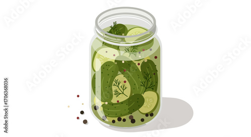 Jar of pickles with dill and peppercorns on white background