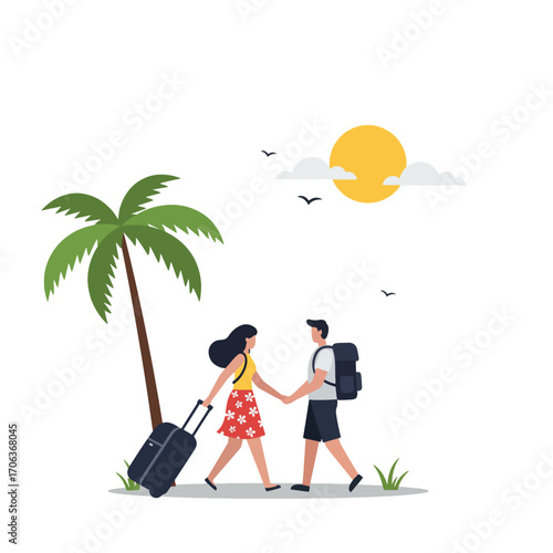 Couple holding hands near a palm tree with luggage and backpacks under a sun