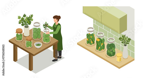 Isometric kitchen scene with pickling jars and fresh greens