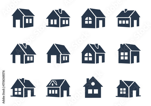 A collection of simple house icons in various styles, representing real estate, property, and home concepts. Vector illustration set