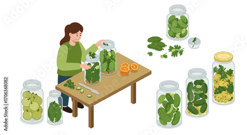 Home canning: woman pickling vegetables and fruits with fresh herbs on kitche…