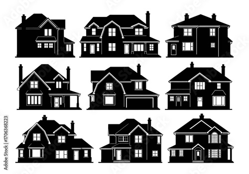A graphic set of various suburban house silhouettes, isolated for real estate, mortgage, and property concepts