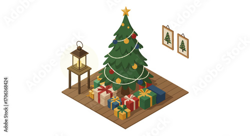 Isometric christmas tree scene with gifts and lantern