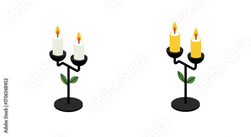 Elegant candle holders with lit candles and green leaves in isometric design