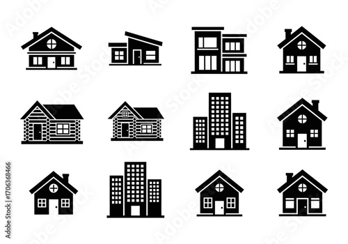 A diverse collection of black building and house icons. Vector set of real estate symbols, including residential homes and commercial property silhouettes
