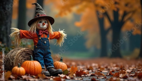 A spooky and charming Halloween scene featuring a rustic scarecrow, pumpkins, hay bales, and autumn leaves, perfect for fall and Halloween decorations , halloween imagery, halloween scene