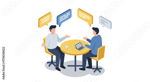 Isometric business meeting: two professionals discussing ideas at a table