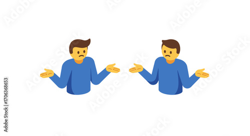 Two confused characters gesturing in flat design on white background