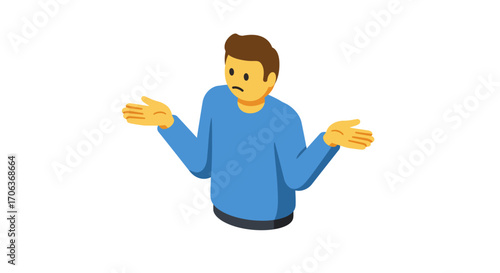 Confused character with hands up in flat style on white background
