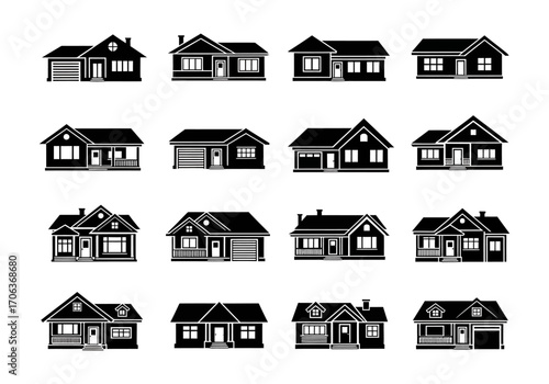Suburban residential house icons set, black and white vector illustration collection for real estate business and property concepts