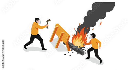 Isometric protest scene with flames and barriers