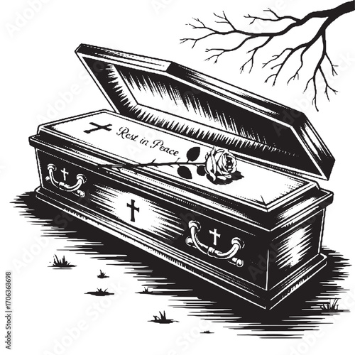 Coffin with Cross and Rose Vector Illustration for Halloween and Gothic Design