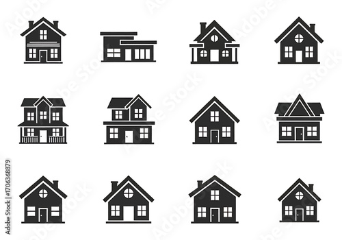 Collection of diverse house icons illustrating various residential building styles in a clean, minimalist design, perfect for real estate and property concepts