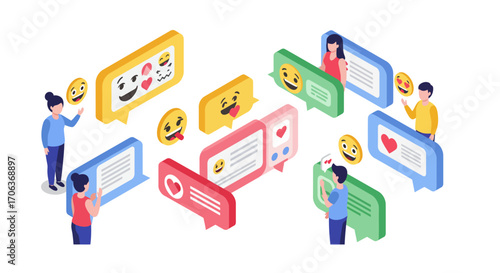 Isometric social media interaction with colorful chat bubbles and emojis