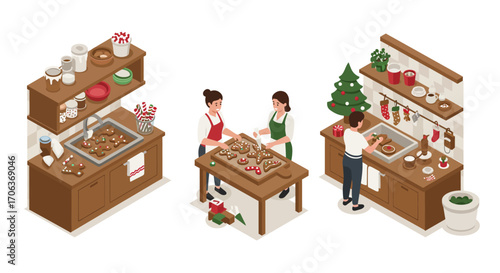 Cozy holiday baking scene with people decorating gingerbread cookies in festi…