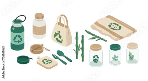 Eco-friendly products collection: reusable bags, bottles, and bamboo cutlery…