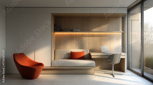 Modern built-in desk with seating nook and orange accent chair in minimalist home office with natural lighting and storage solutions