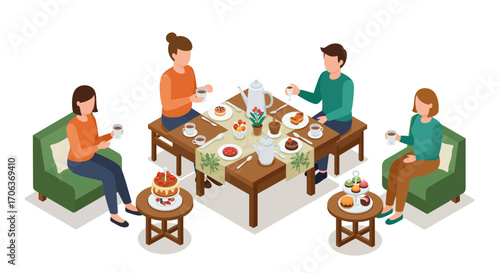 Isometric tea party with friends: cozy gathering around coffee table