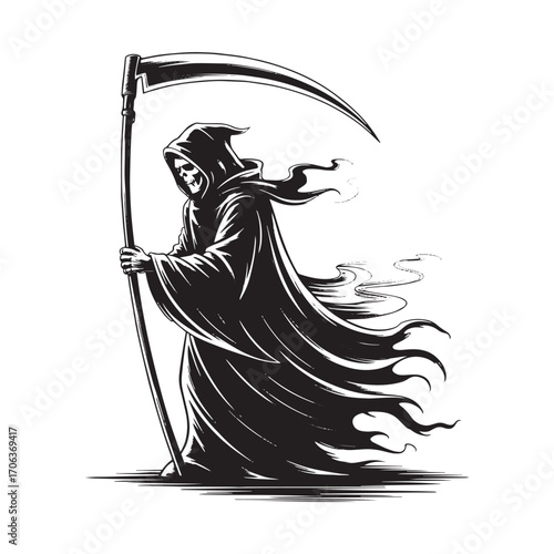 Grim Reaper Vector Illustration with Scythe in Dark Hooded Cloak