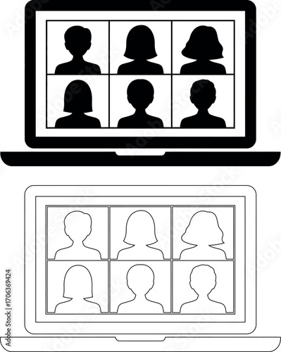 This stock image shows a laptop computer screen displaying multiple video conference participants in silhouette.